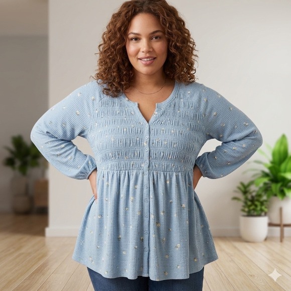 torrid Tops - Torrid Womens 1 Plus Size Blue Floral Waffle Knit Smocked Top Henley Babydoll